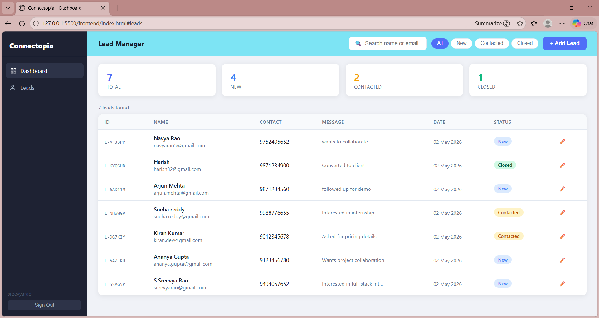 Connectopia (Mini CRM Website) design on a desktop screen