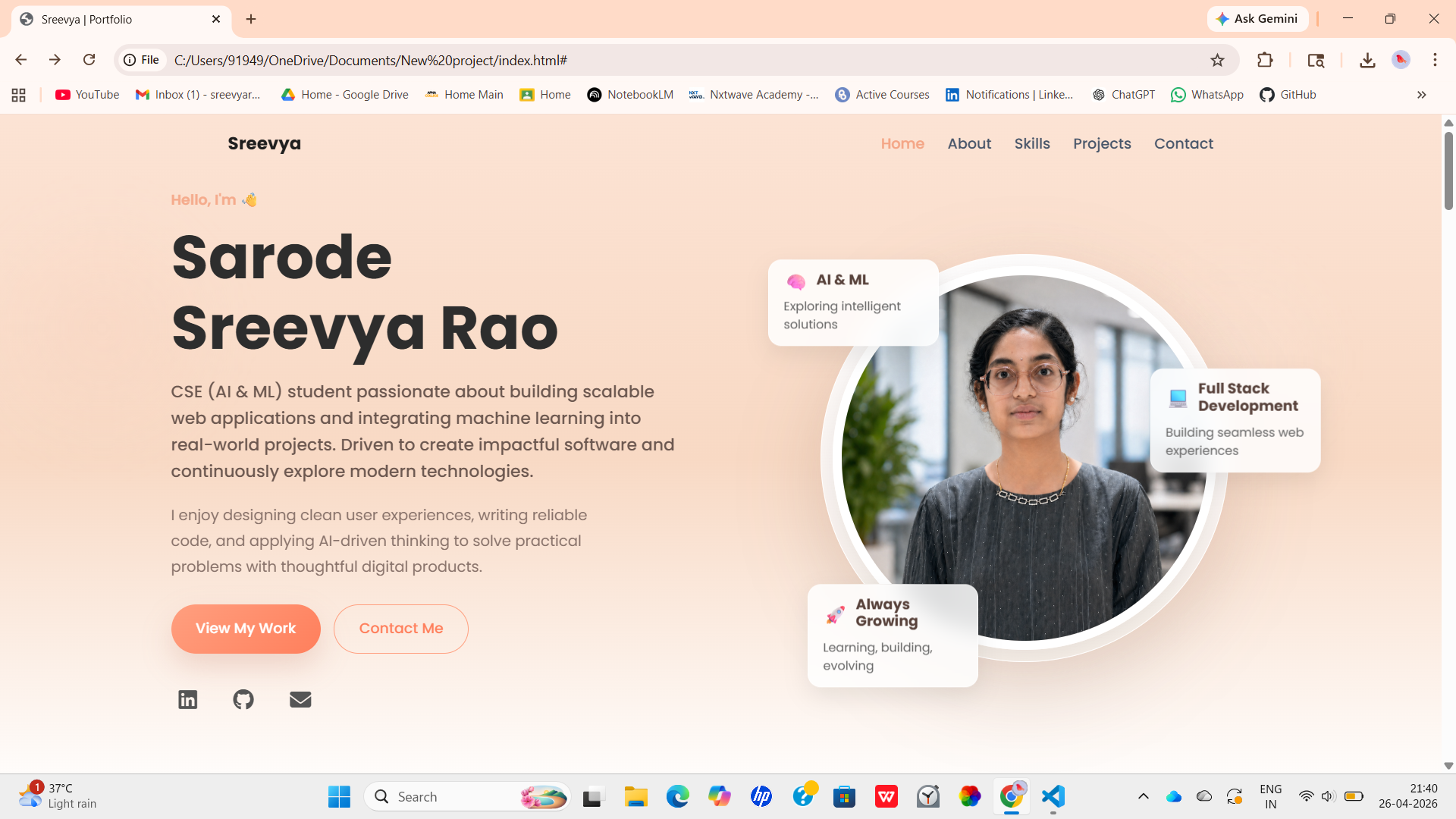 Personal portfolio website design on a desktop screen